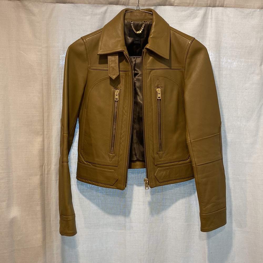 Leather pilot bomber jacket, green/tan. J. Crew Collection. Size 00